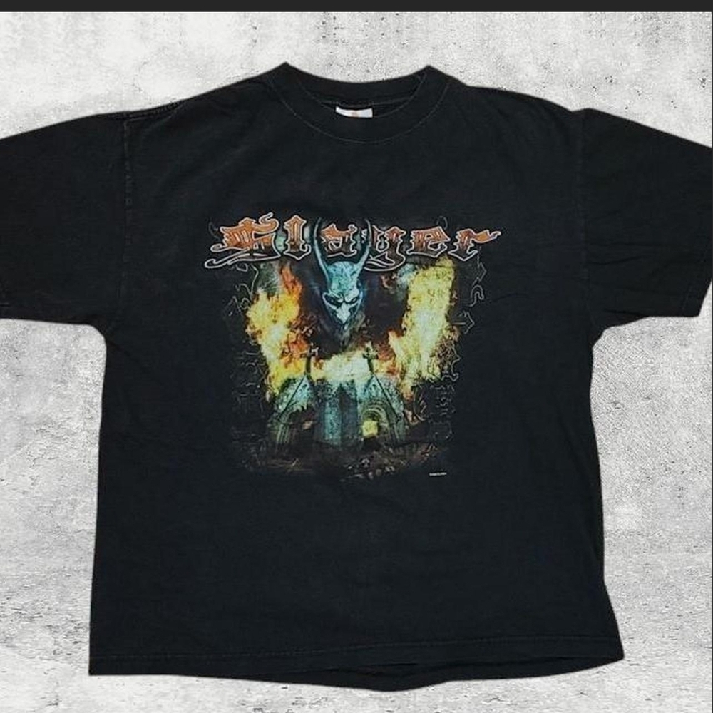Vtg 2002 Slayer T-Shirt Demon Over Burning Church Double Sided Band Tee Large
